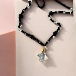 Glass cat pendant Black and White Beaded Necklace art glass artisan necklace